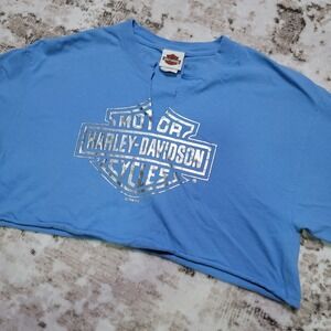VINTAGE 2005 Harley-Davidson Route 66 Tulsa OK Reworked Crop Top Baby Blue Large